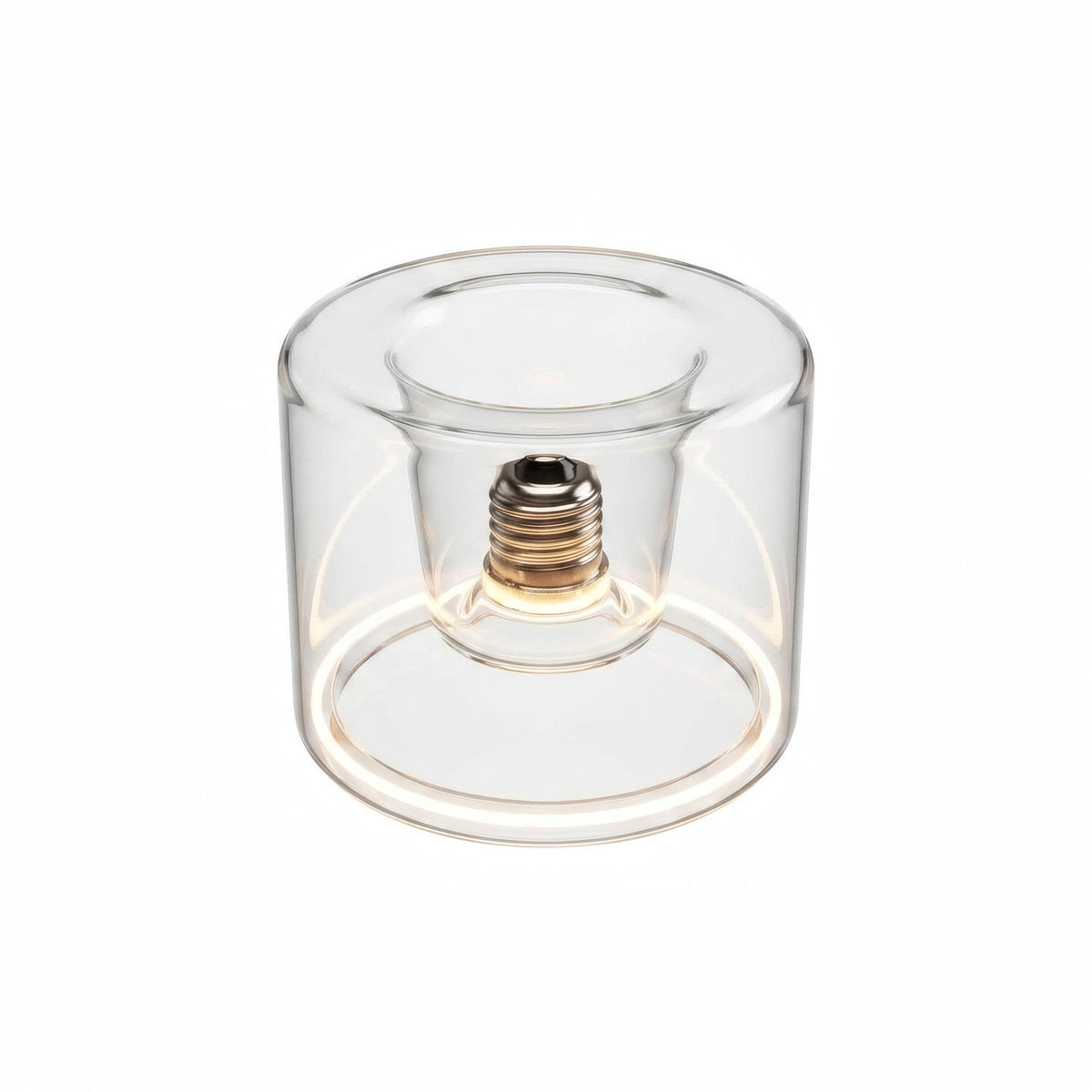E27 LED donut bulb in clear glass, Ø 120 mm, switched on, warm light ring, white background