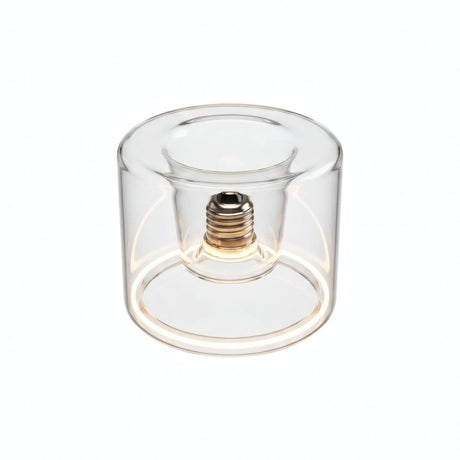 E27 LED donut bulb in clear glass, Ø 120 mm, switched on, warm light ring, white background