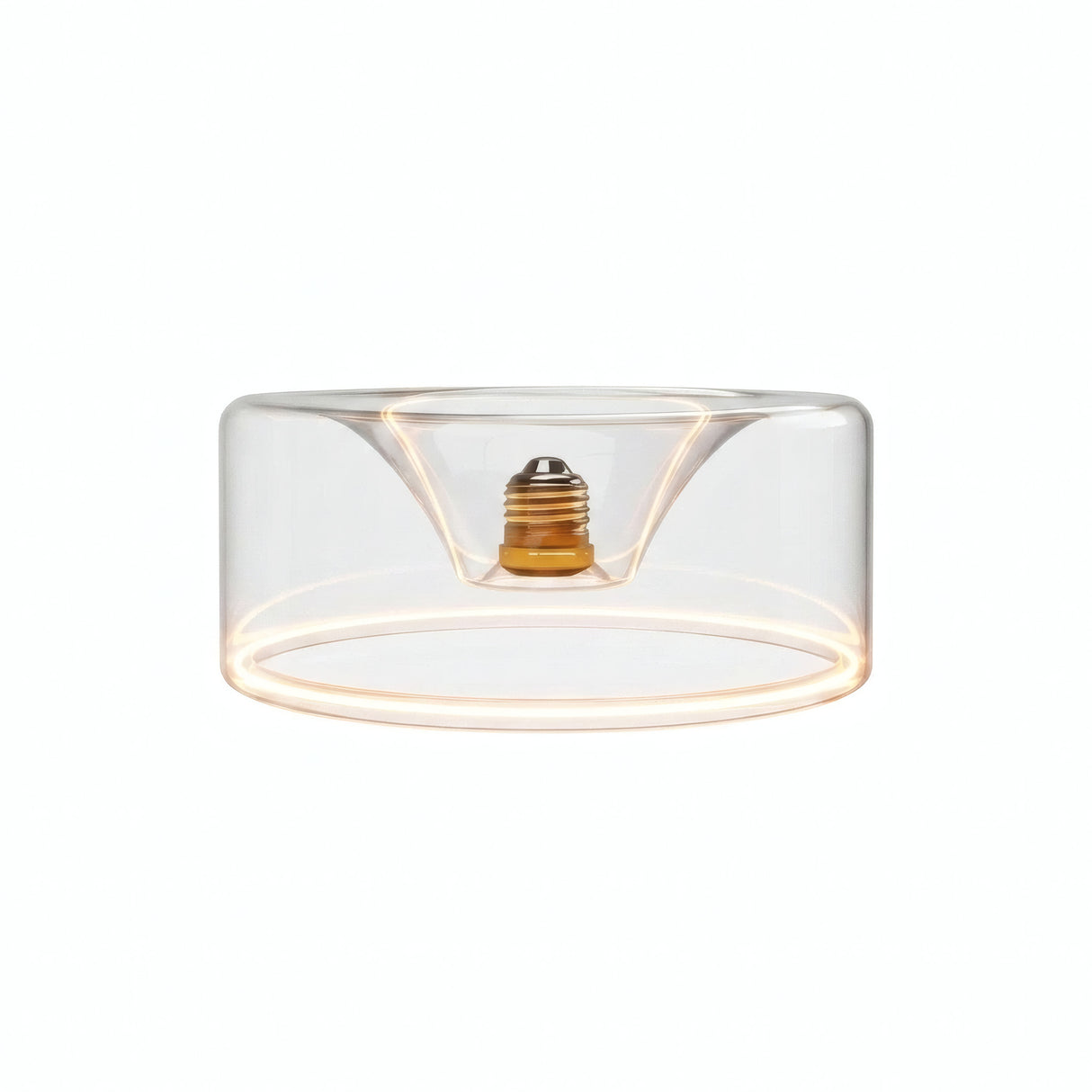 E27 LED donut bulb in clear glass, Ø 195 mm, switched on, warm light ring, white background