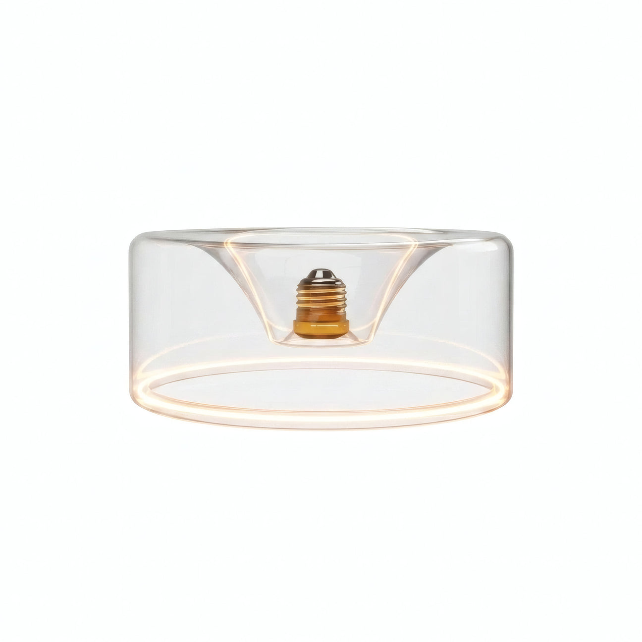 E27 LED donut bulb in clear glass, Ø 195 mm, switched on, warm light ring, white background