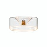 E27 LED donut bulb in clear glass, Ø 195 mm, switched on, warm light ring, white background