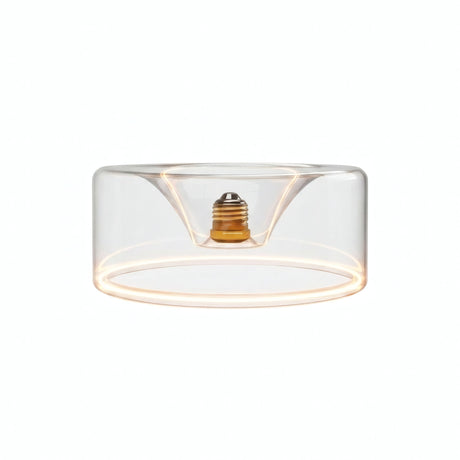 E27 LED donut bulb in clear glass, Ø 195 mm, switched on, warm light ring, white background