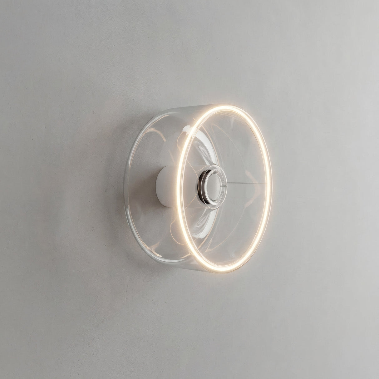 E27 LED donut bulb in clear glass, Ø 195 mm, lit as a wall light in a pared-back interior