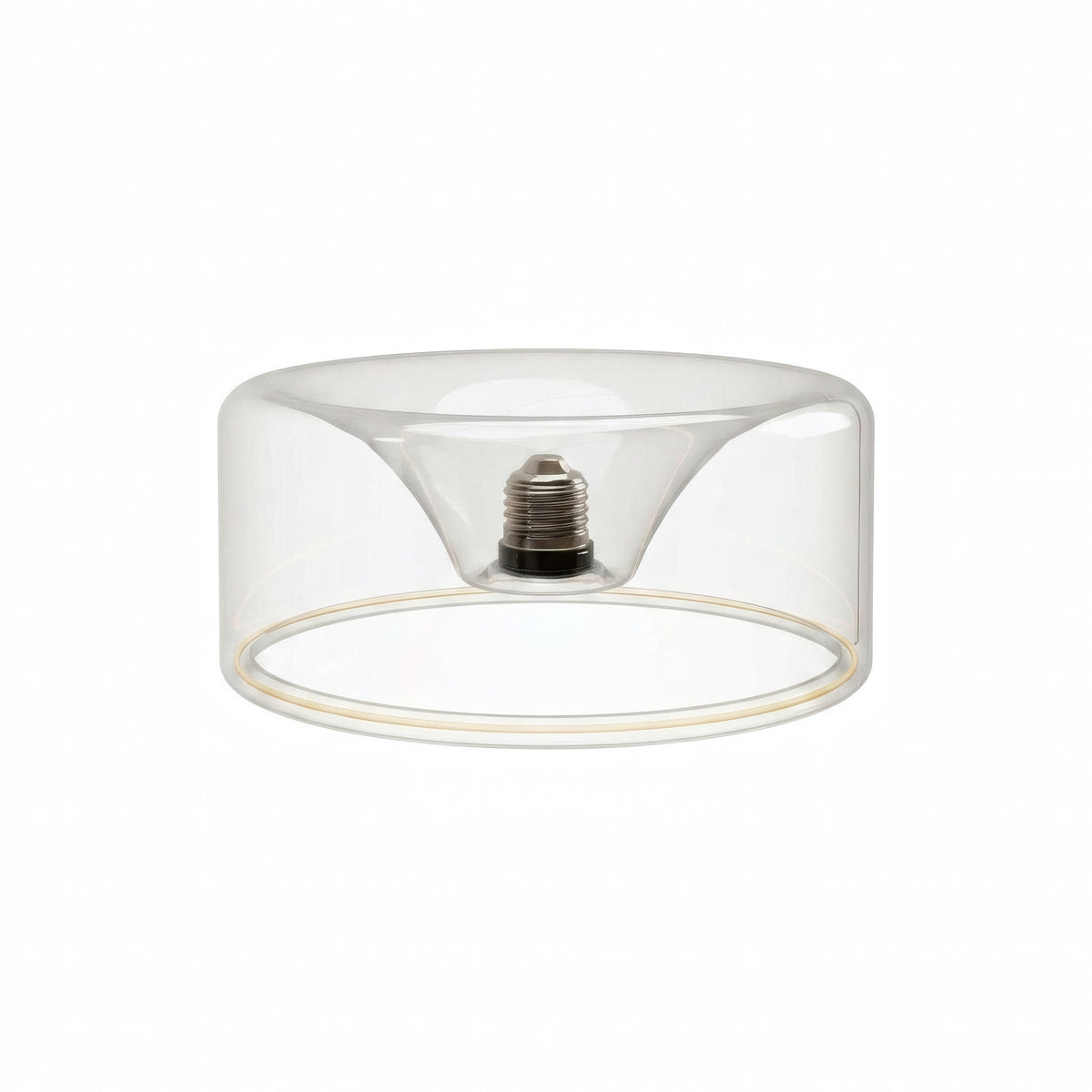 E27 LED donut bulb in clear glass, Ø 195 mm, switched off, recessed E27 base visible, white background