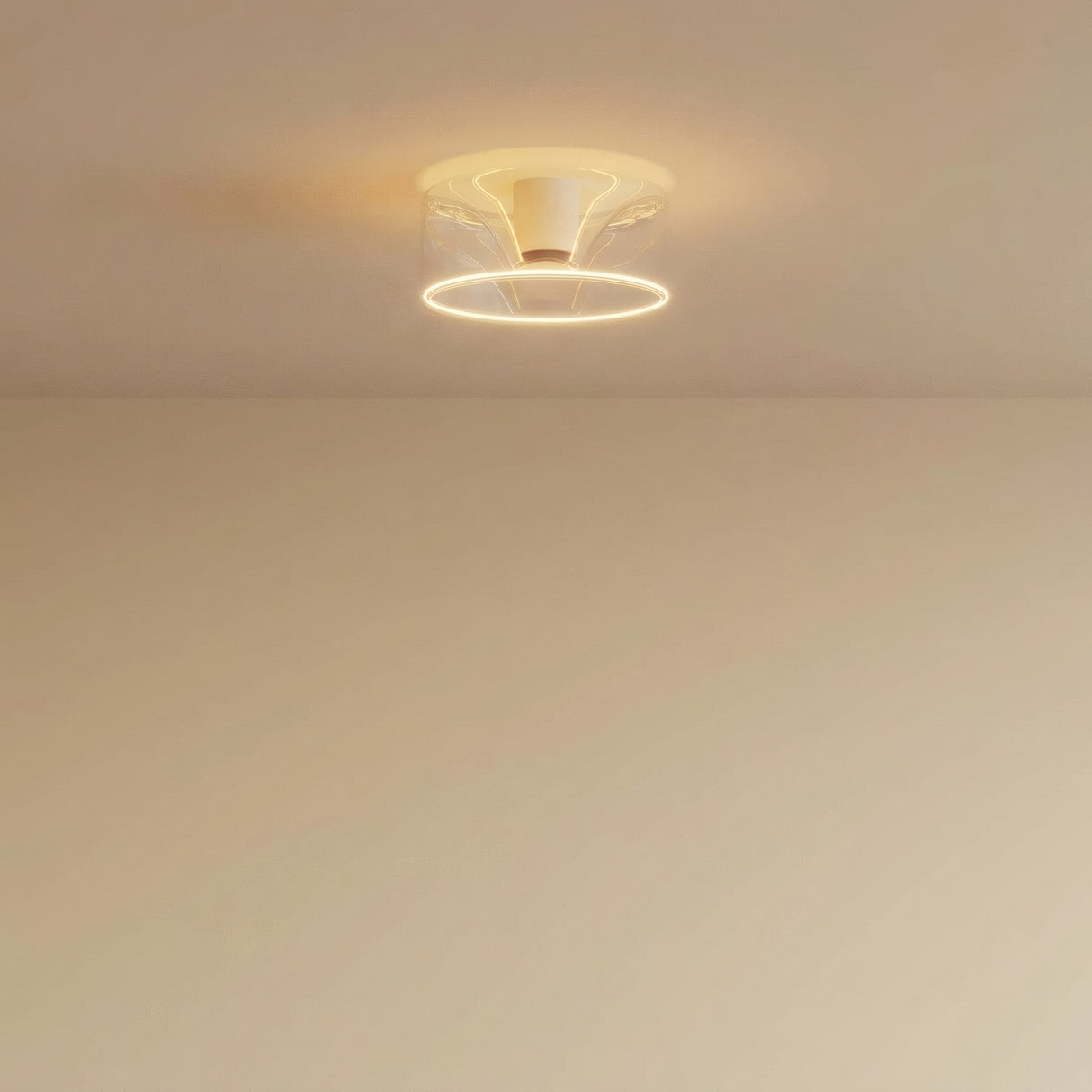 E27 LED donut bulb in clear glass, Ø 195 mm, lit on the ceiling of a pared-back interior