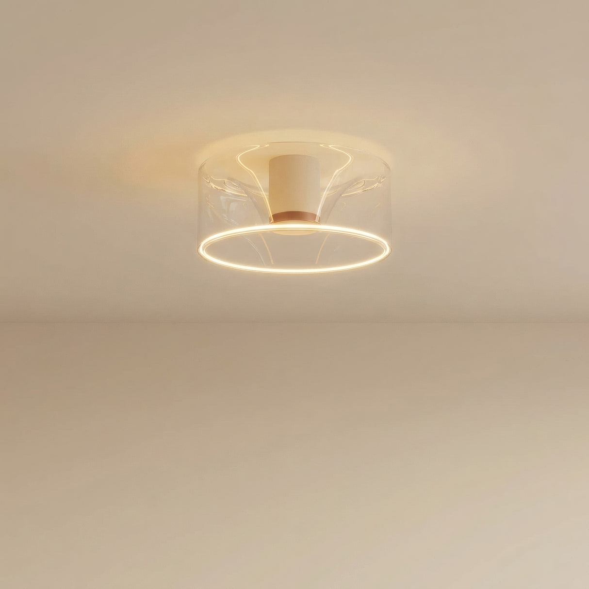 E27 LED donut bulb in clear glass, Ø 195 mm, on the ceiling, soft warm light