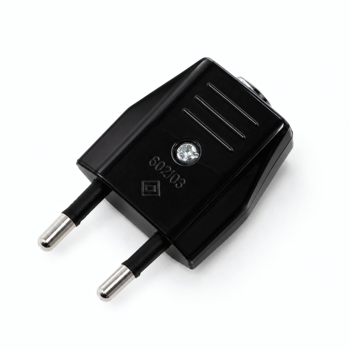 European 2-pole electrical plug with axial cable exit — Black