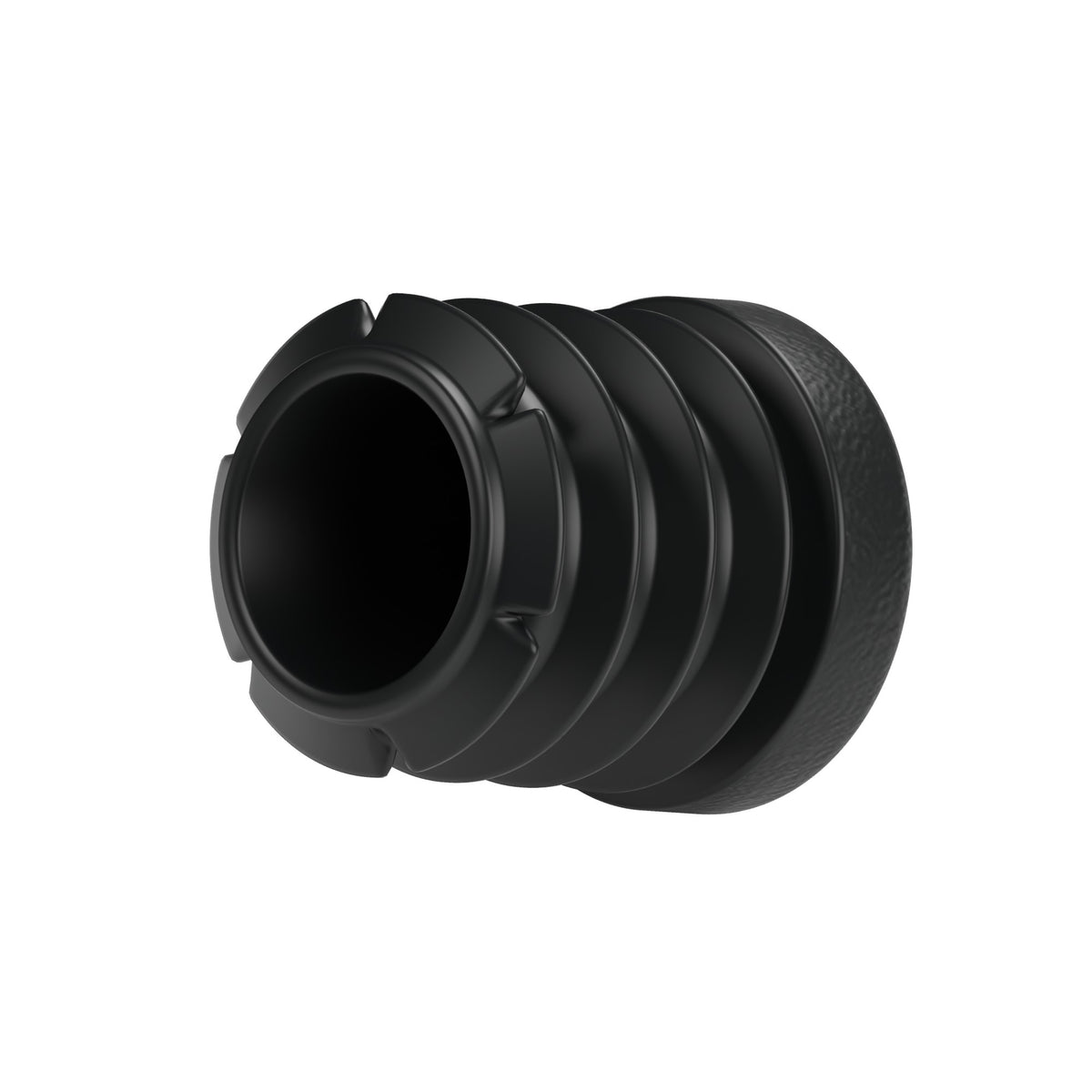 Black plastic insert for female fitting 1/2″ 15x21, bottom view: hollow body and fins