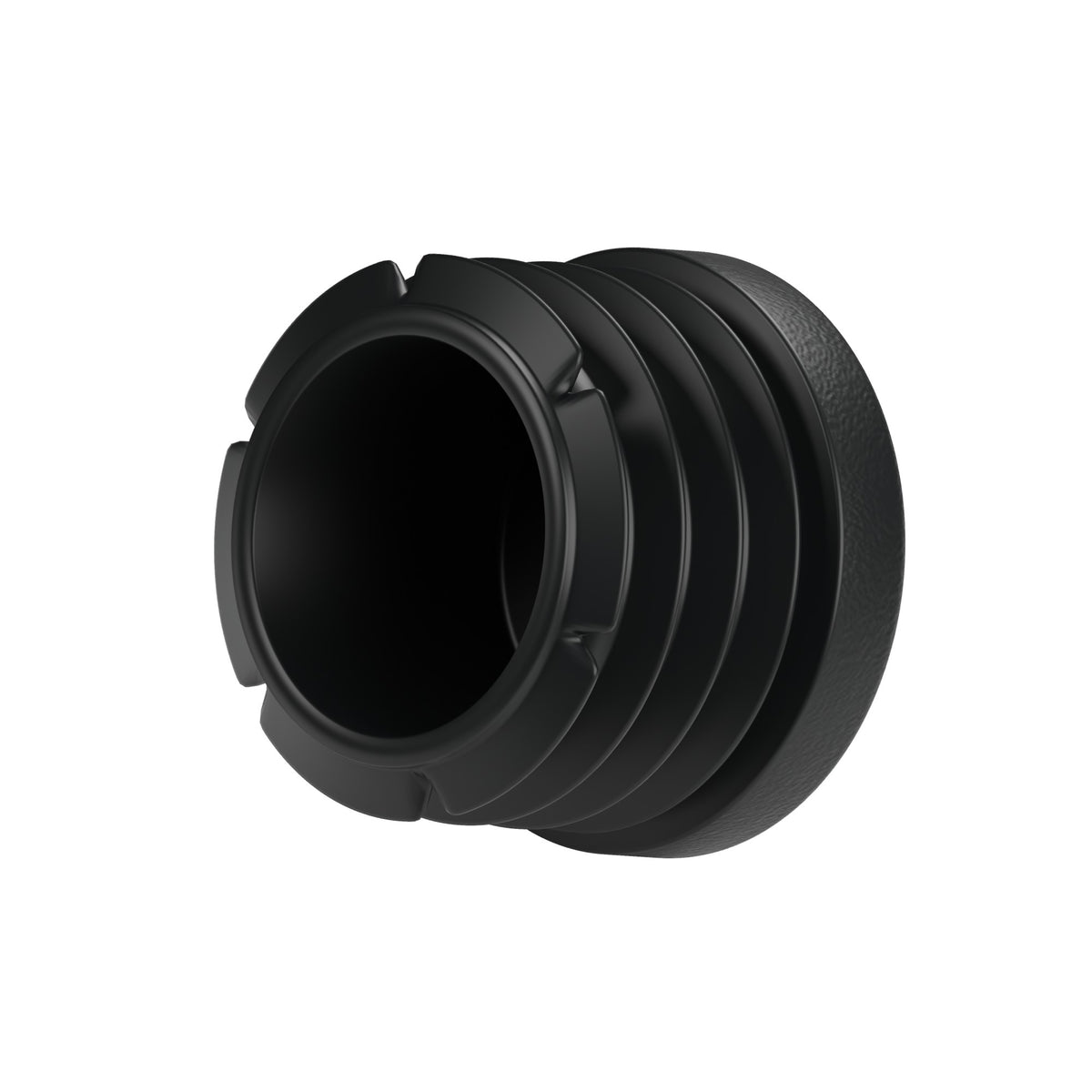 Black plastic insert for female fitting 1″ 26x34, bottom view: hollow body and fins