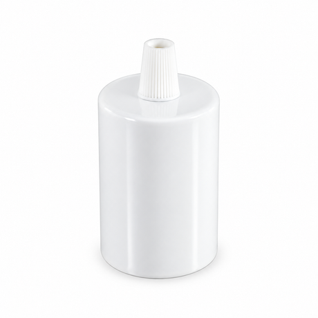 Cylindrical metal E27 socket kit — conical plastic cable grip — glossy white — view 1