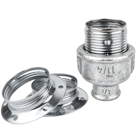 E27 glossy silver metal socket kit on 1/2'' (15x21mm) female galvanized cast iron fitting