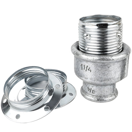 E27 glossy silver metal socket kit on female galvanized cast iron fitting