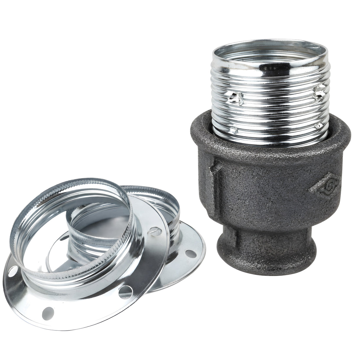 E27 glossy silver metal socket kit on female Eco black cast iron fitting