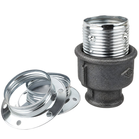 E27 glossy silver metal socket kit on female Eco black cast iron fitting