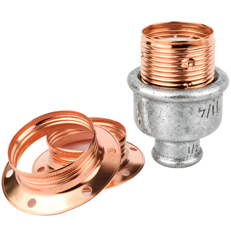 E27 glossy copper metal socket kit on 1/2'' (15x21mm) female galvanized cast iron fitting