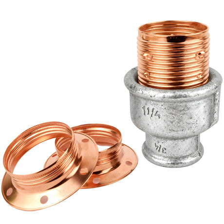 E27 glossy copper metal socket kit on female galvanized cast iron fitting
