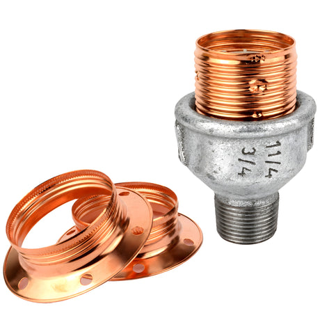 E27 glossy copper metal socket kit on male galvanized cast iron fitting