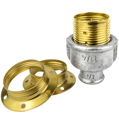 E27 glossy brass metal socket kit on 1/2'' (15x21mm) female galvanized cast iron fitting