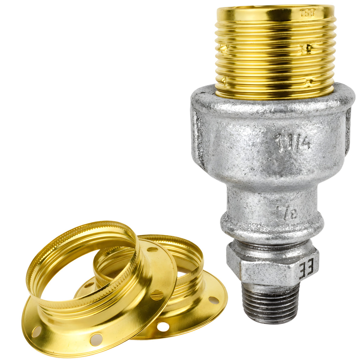 E27 glossy brass metal socket kit on 1/2'' (15x21mm) male galvanized cast iron fitting