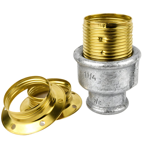 E27 glossy brass metal socket kit on female galvanized cast iron fitting