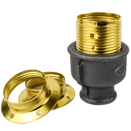 E27 glossy brass metal socket kit on female Eco black cast iron fitting