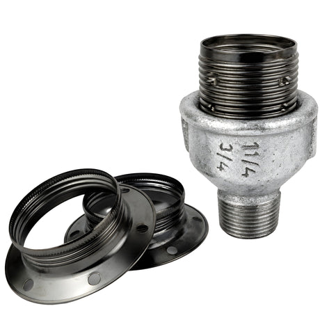 E27 glossy black metal socket kit on male galvanized cast iron fitting