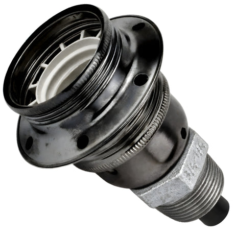 E27 glossy black metal socket kit on male galvanized cast iron fitting