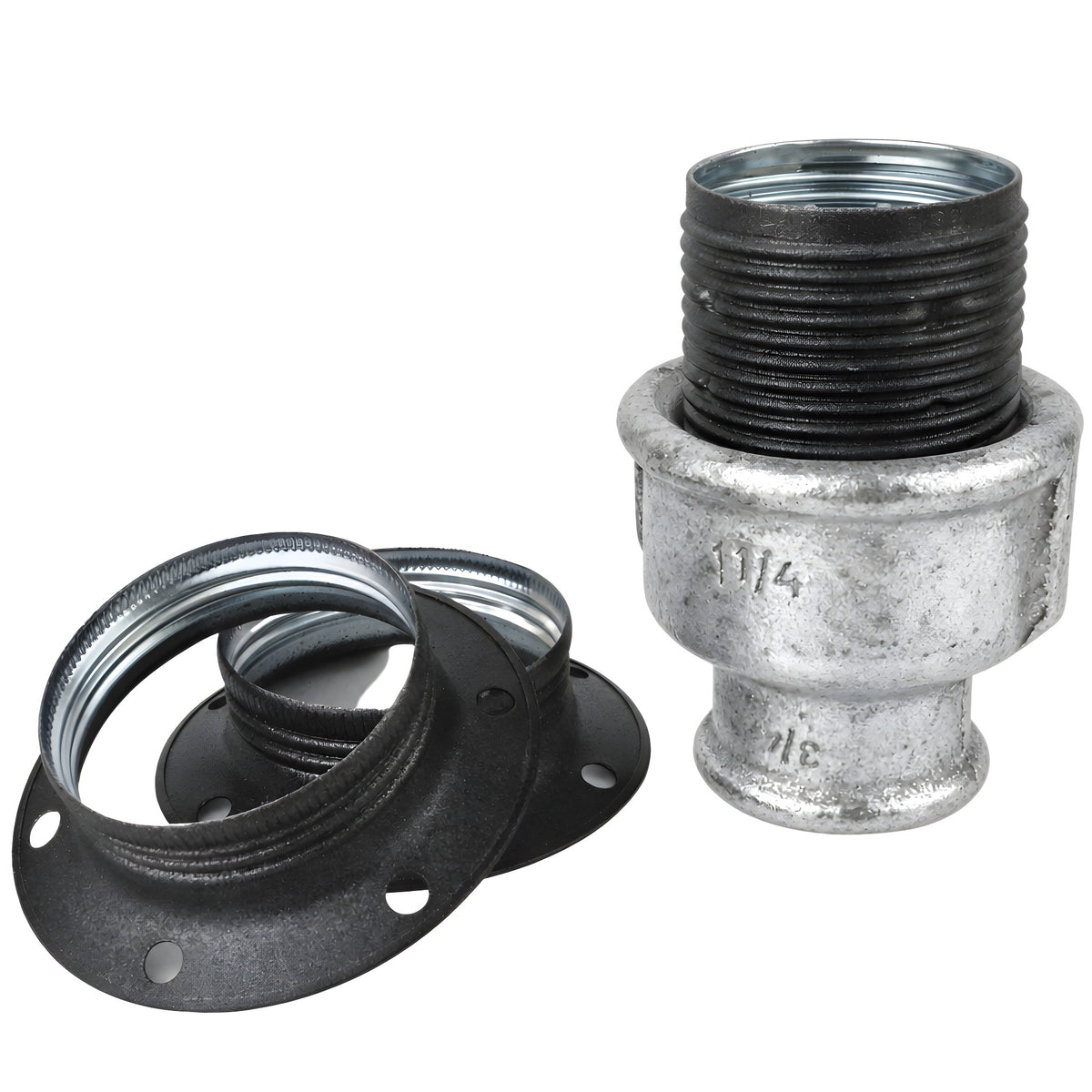 E27 matte grey metal socket kit on female galvanized cast iron fitting