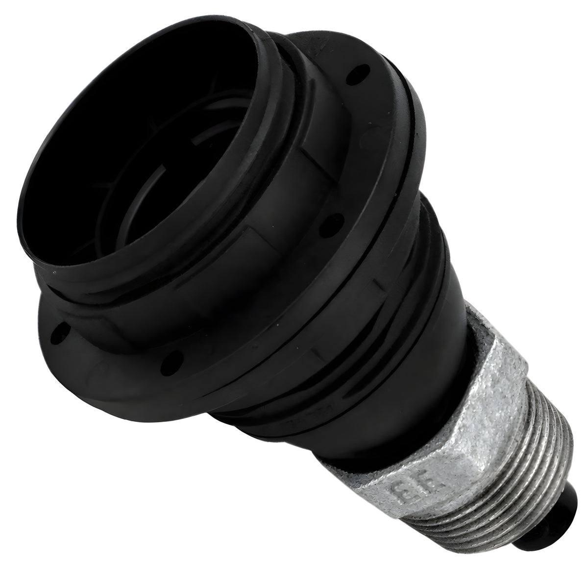 E27 thermoplastic socket kit with shade rings on male galvanized cast iron fitting