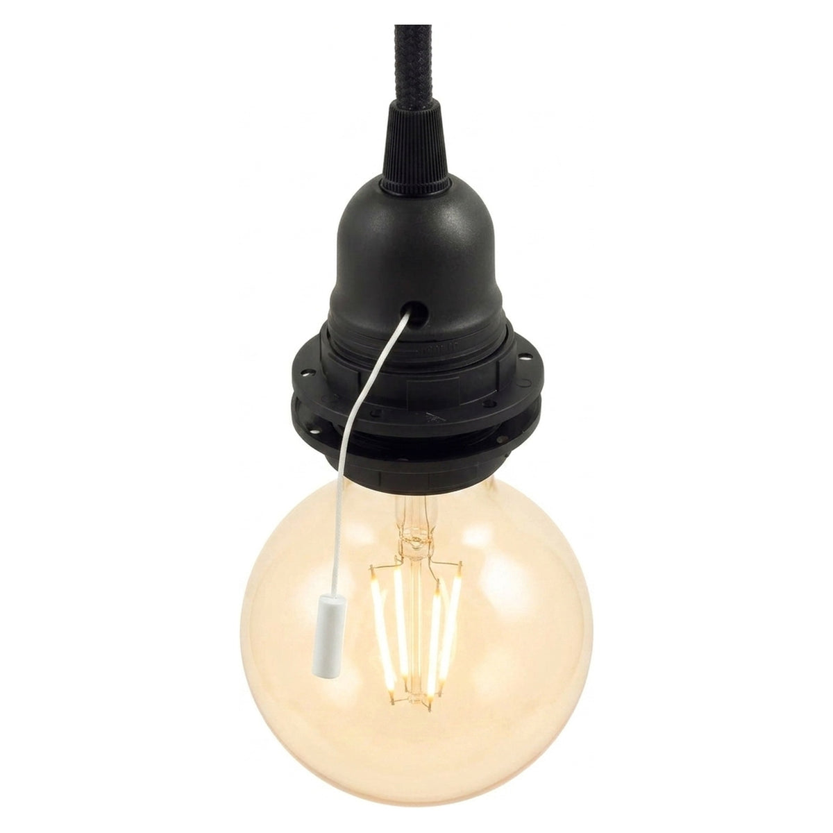 E27 thermoplastic socket, double ring, pull-cord switch — Black