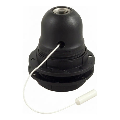 E27 thermoplastic socket, double ring, pull-cord switch — Black