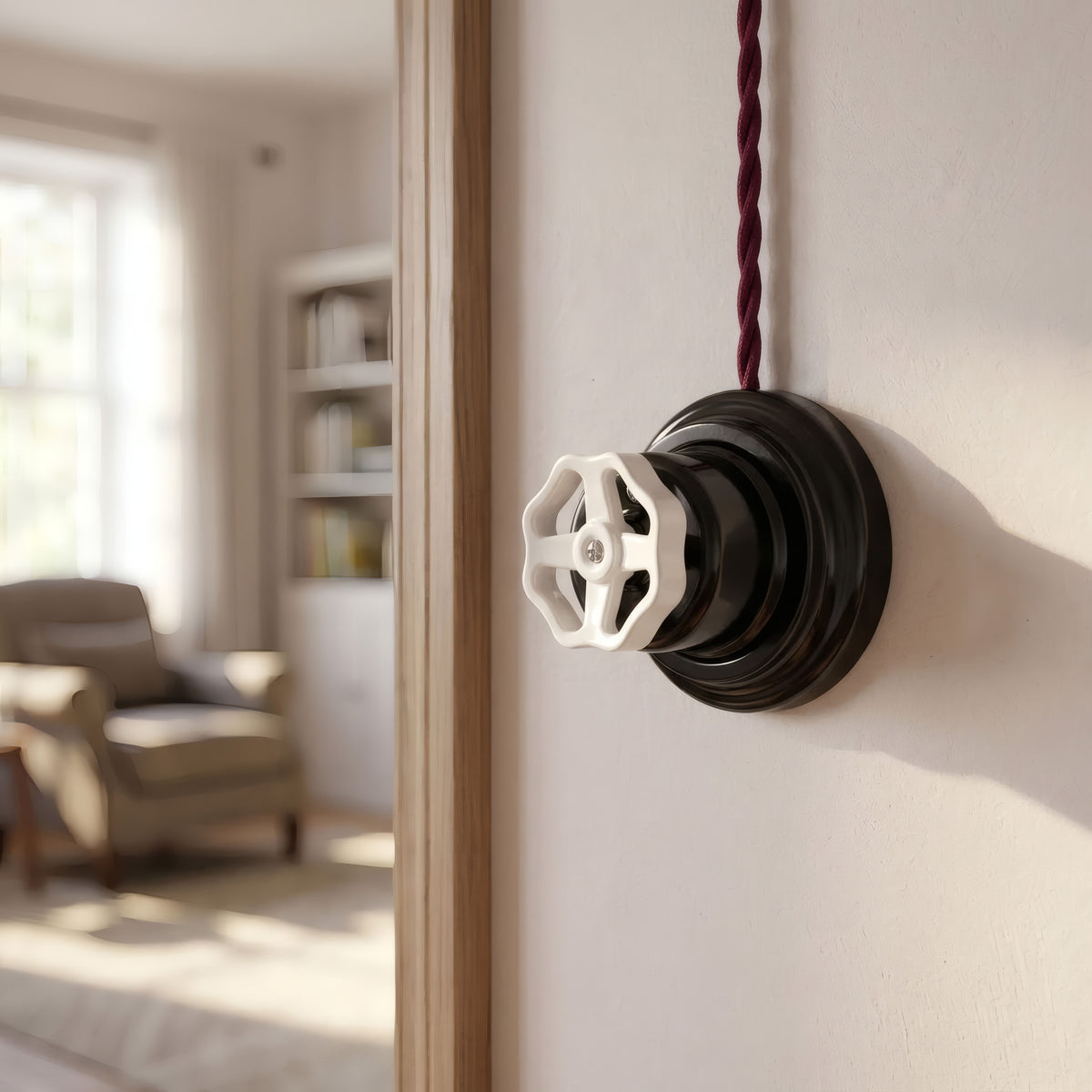 Porcelain two-way switch with a knob and base kit — Black / White / Flat Ø 100 mm