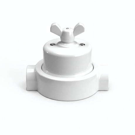 Porcelain two-way switch with a butterfly nut and base kit — White / White / 2 conduit entries in line