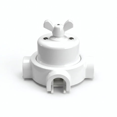 Porcelain two-way switch with a butterfly nut and base kit — White / White / 3 conduit entries
