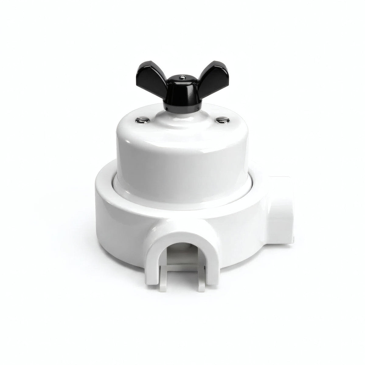 Porcelain two-way switch with a butterfly nut and base kit — White / Black / 2 conduit entries