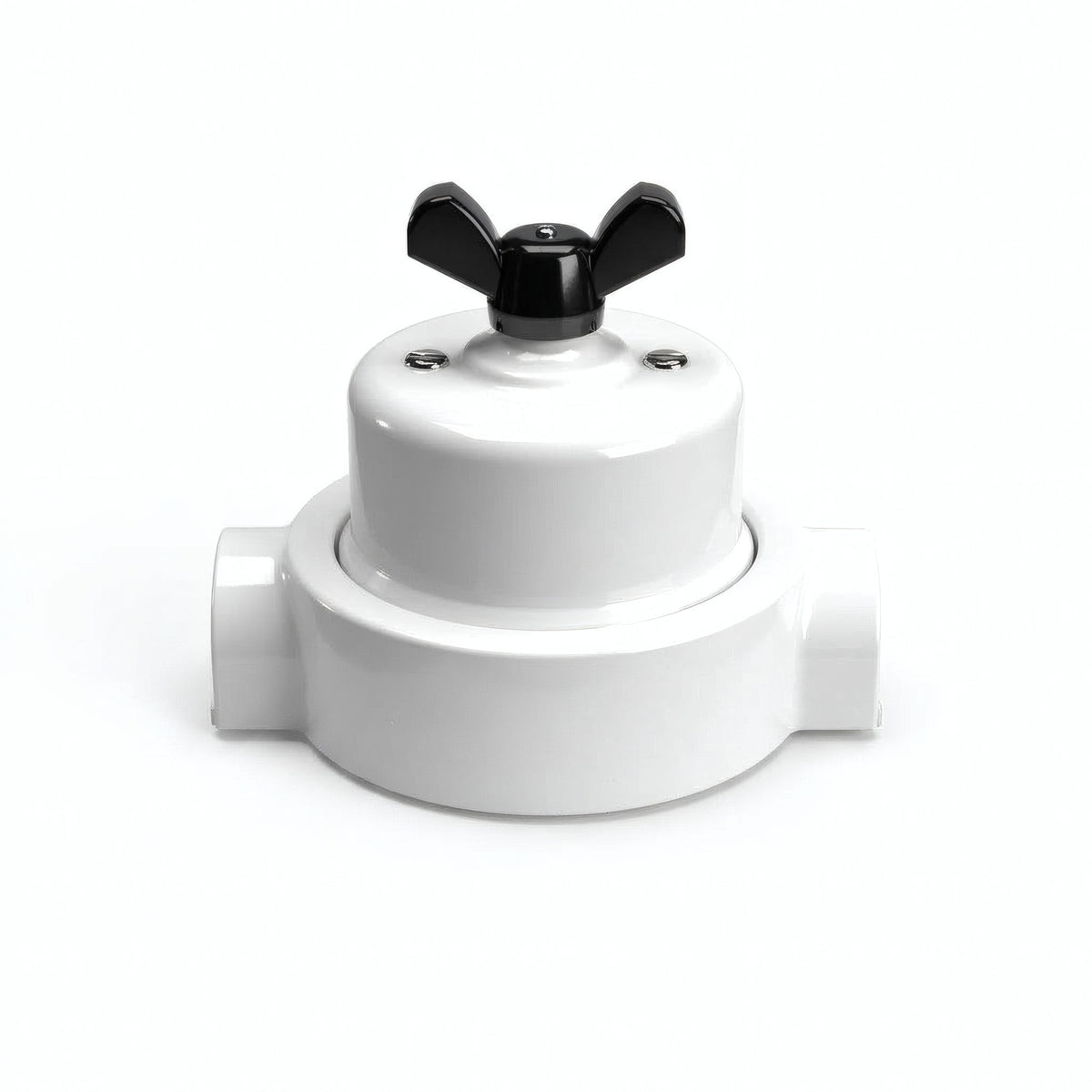Porcelain two-way switch with a butterfly nut and base kit — White / Black / 2 conduit entries in line