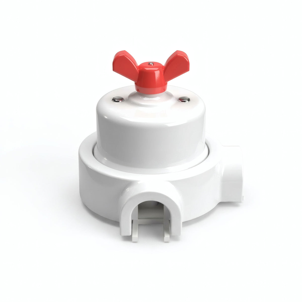 Porcelain two-way switch with a butterfly nut and base kit — White / Red / 2 conduit entries