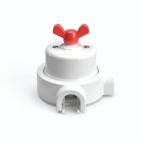 Porcelain two-way switch with a butterfly nut and base kit — White / Red / 2 conduit entries