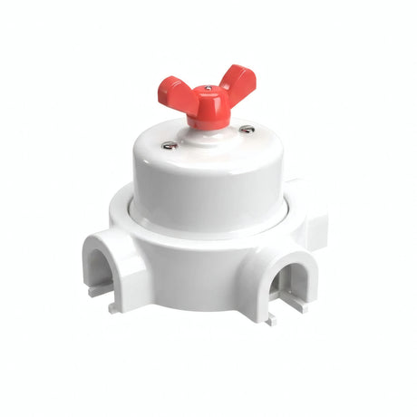 Porcelain two-way switch with a butterfly nut and base kit — White / Red / 3 conduit entries