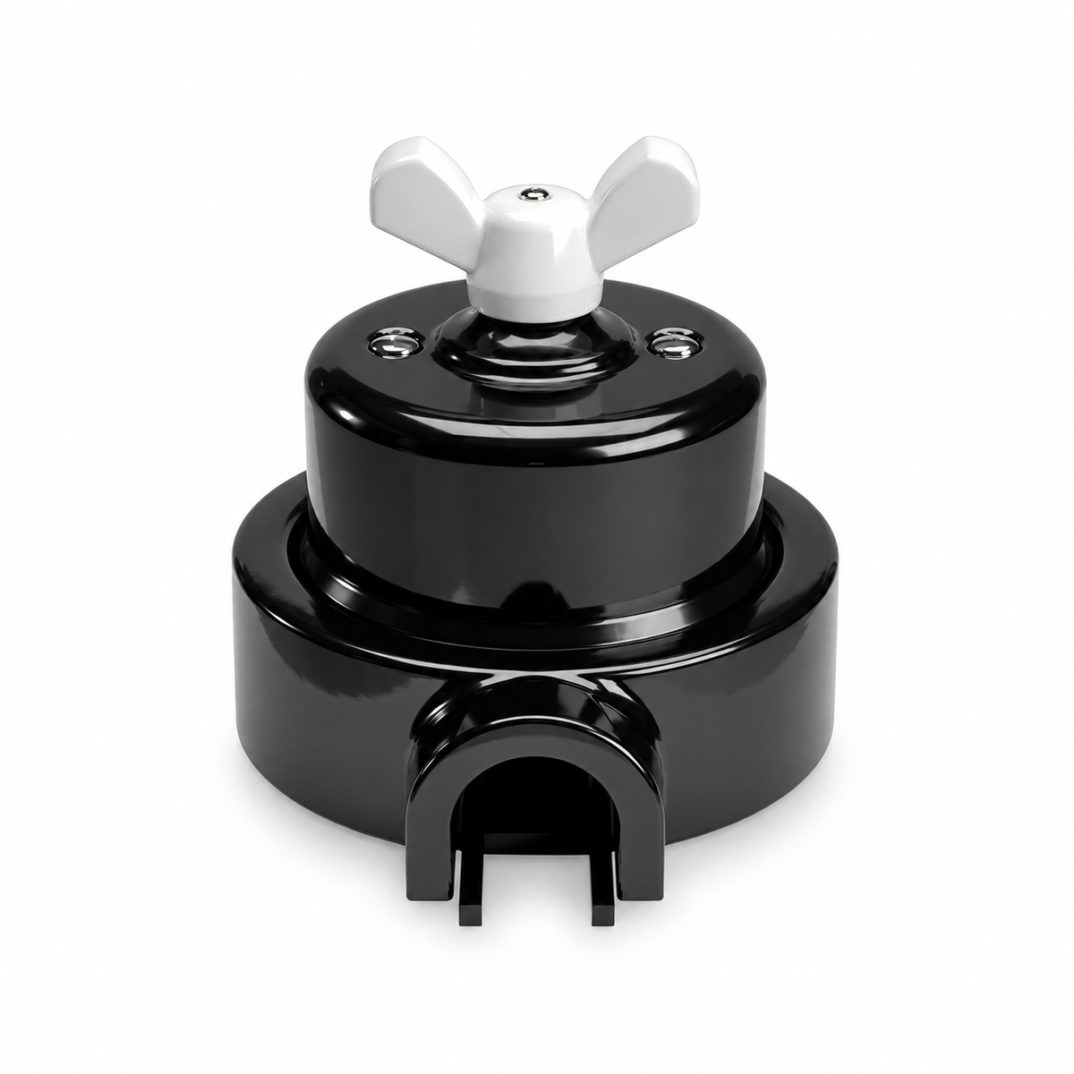 Black porcelain two-way switch kit, white wing nut, one outlet — view 1