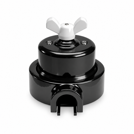 Black porcelain two-way switch kit, white wing nut, one outlet — view 1