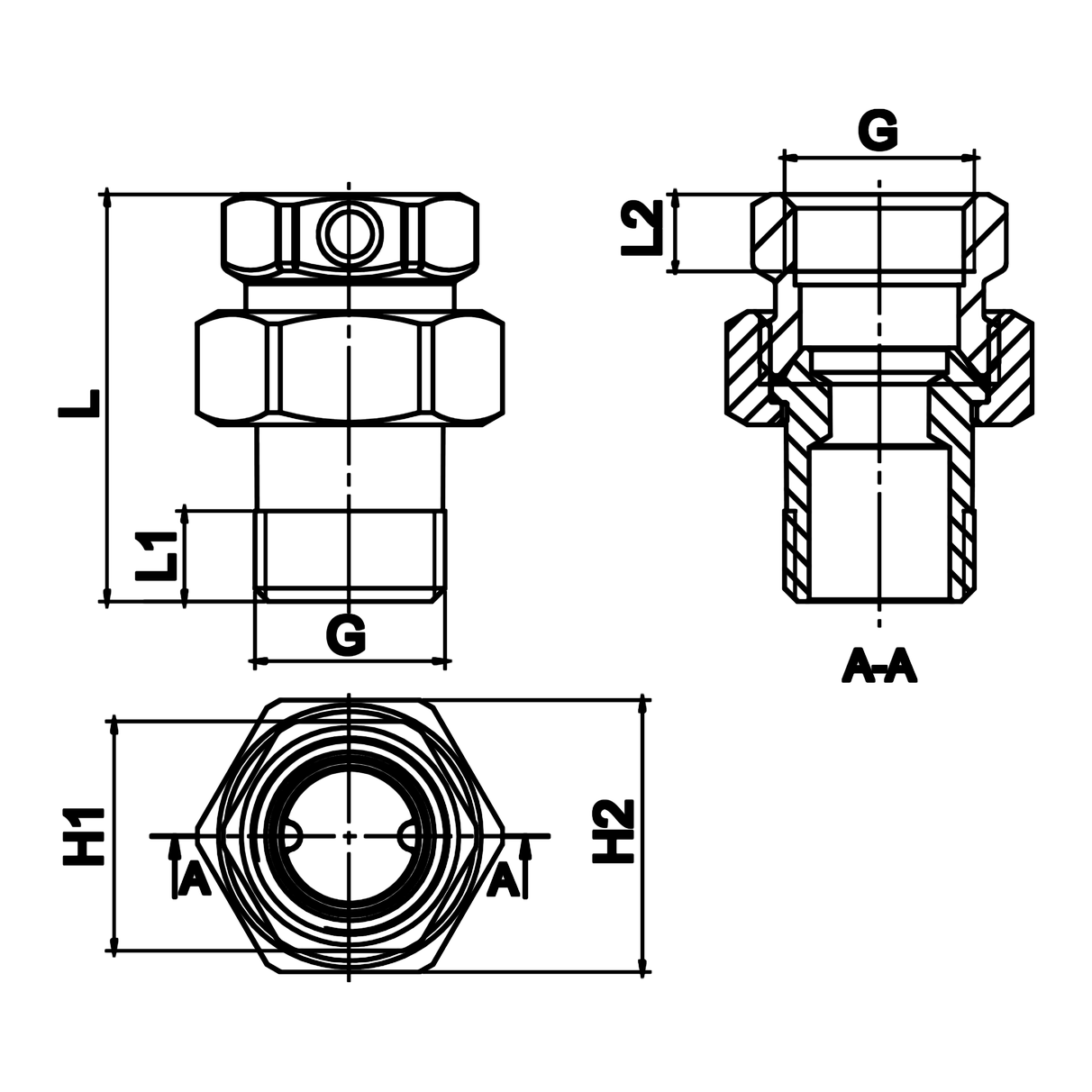 Dimensioned technical drawing: brass straight union M/F with conical seat (ref. 222)
