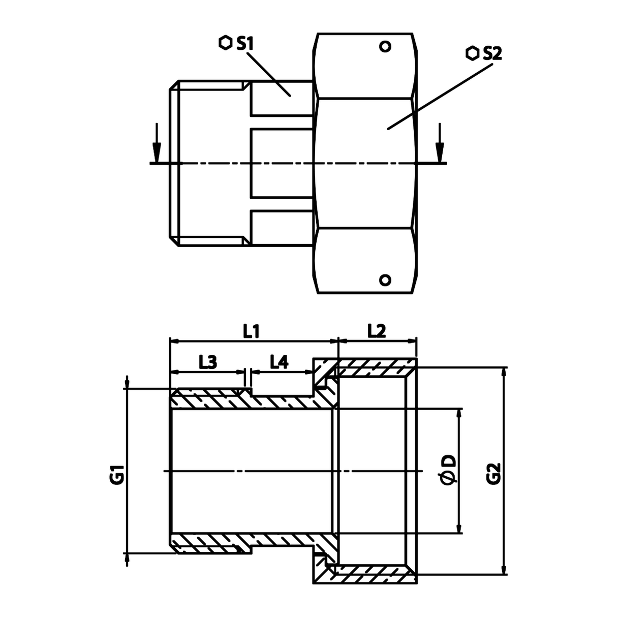 Dimensioned technical drawing: brass meter union half fitting, G thread (ref. 2308)