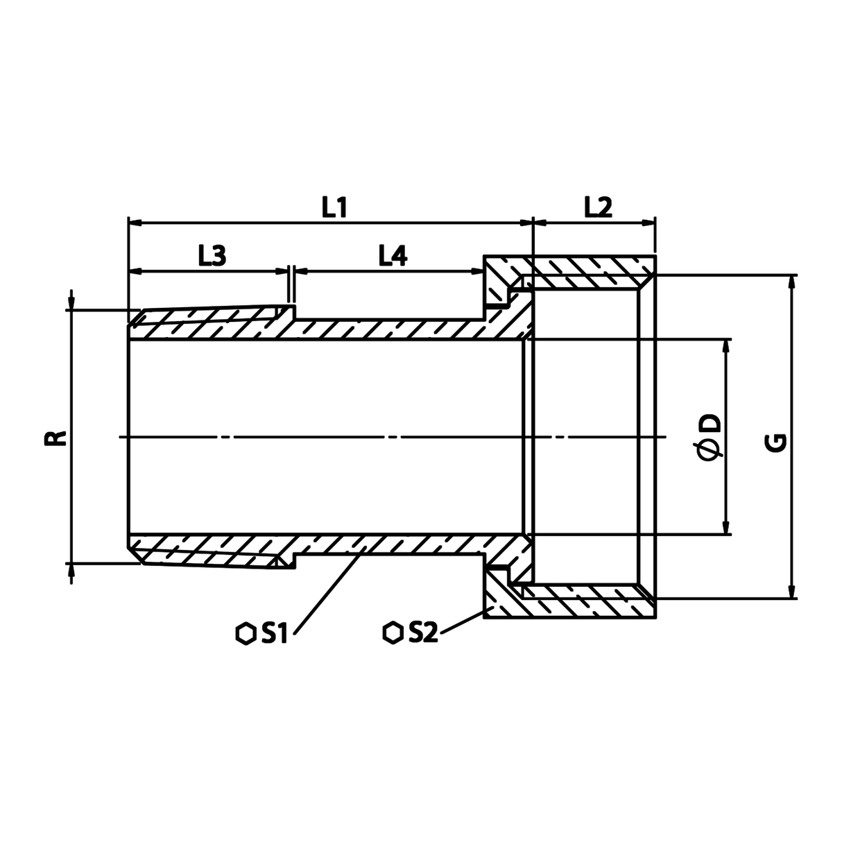 Dimensioned technical drawing: brass meter union half fitting, tapered R thread (ref. 2309)