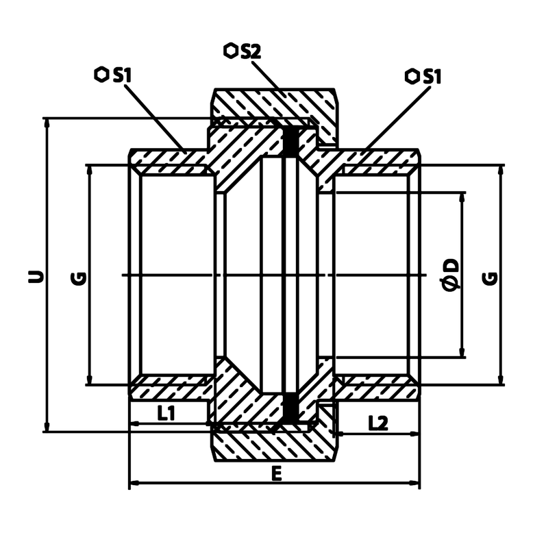 Dimensioned technical drawing: brass union F/F with flat seat, EPDM gasket (ref. 2330)