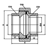 Dimensioned technical drawing: brass union F/F with flat seat, EPDM gasket (ref. 2330)