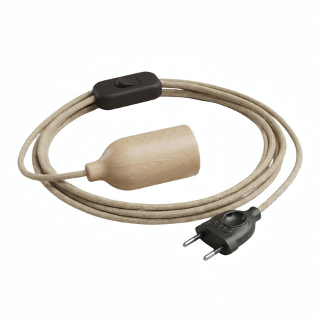 Jute fabric cable pendant light with wooden socket and plug, alternative side view