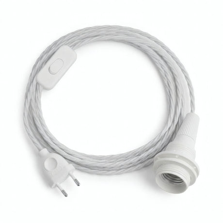 Twisted fabric cable pendant light, optical white cotton, E14 socket with shade rings