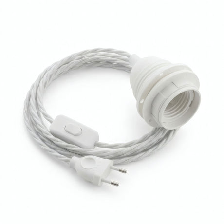 Twisted fabric cable pendant light, optical white cotton, E27 socket with shade rings