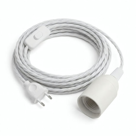 Twisted fabric cable pendant light, optical white cotton, E27 socket